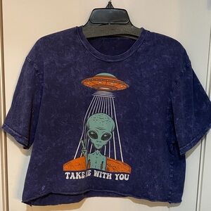 Cropped Alien Graphic T-Shirt - Blue